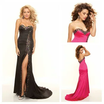 Free shippingHot Pink and Black Elastic Satin Front Slit Inexpensive Formal Evening Prom Gowns | Свадьбы и торжества