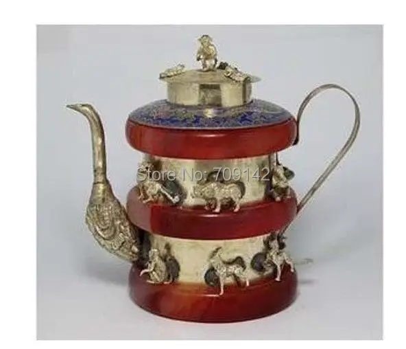 

Decoration Handmade Armoured silver red jasper 12 Animal teapot Tea Pot Handwork Statue Tibet Miao Antique Old Silver