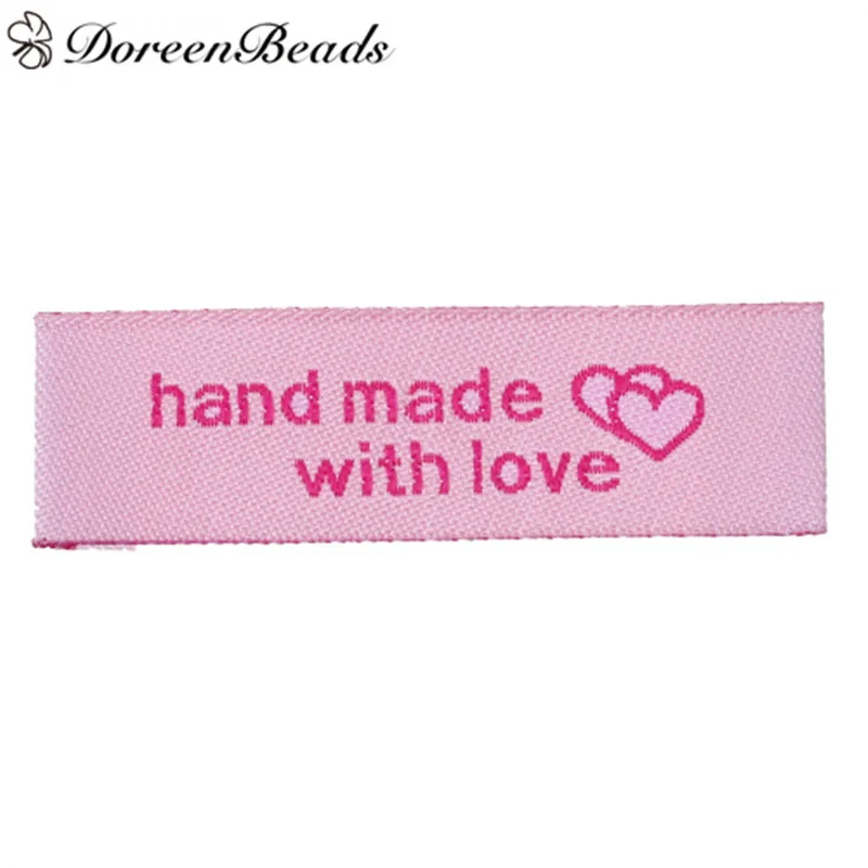 

DoreenBeads Terylene Woven Printed Labels DIY Scrapbooking Craft Rectangle Pink Heart Pattern " hand made with love " 50PCs