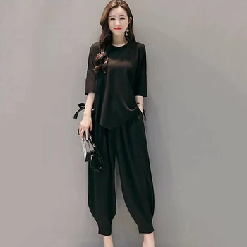 

2019 New Fashion Summer Solid Color T-shirt + Hip Hop Loose Pants Two Piece Leisure Pants Suit