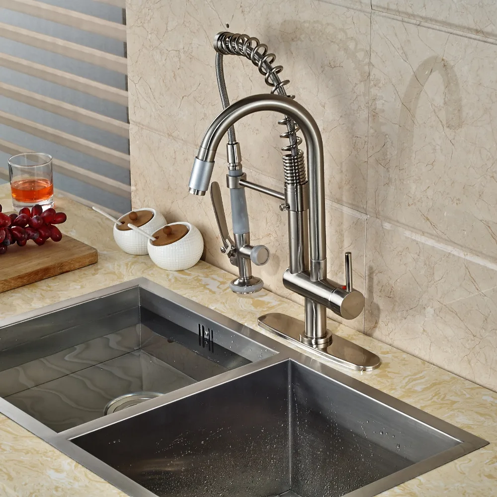 Nickel Brushed Spring Kitchen Faucet 2 Spout Hand Shower Mixer W Cover Plate