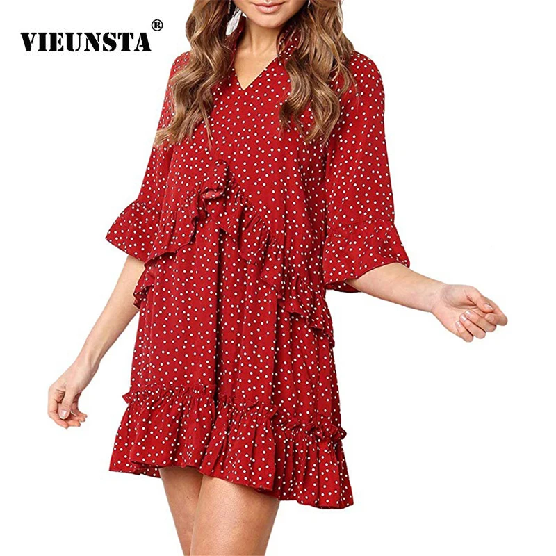 

VIEUNSTA New Polka Dot Print Pleated Dress Summer Women Flare Sleeve Ruffle Mini Short Dresses Female V-neck Elegant Party Dress