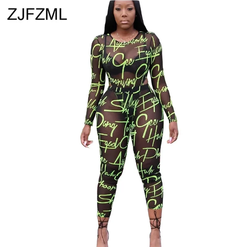 Online Conjunto de dos piezas de malla con estampado de letras de neón para mujer de manga larga ver a través de Bodysuit y pantalones flacos conjunto de 2 piezas
