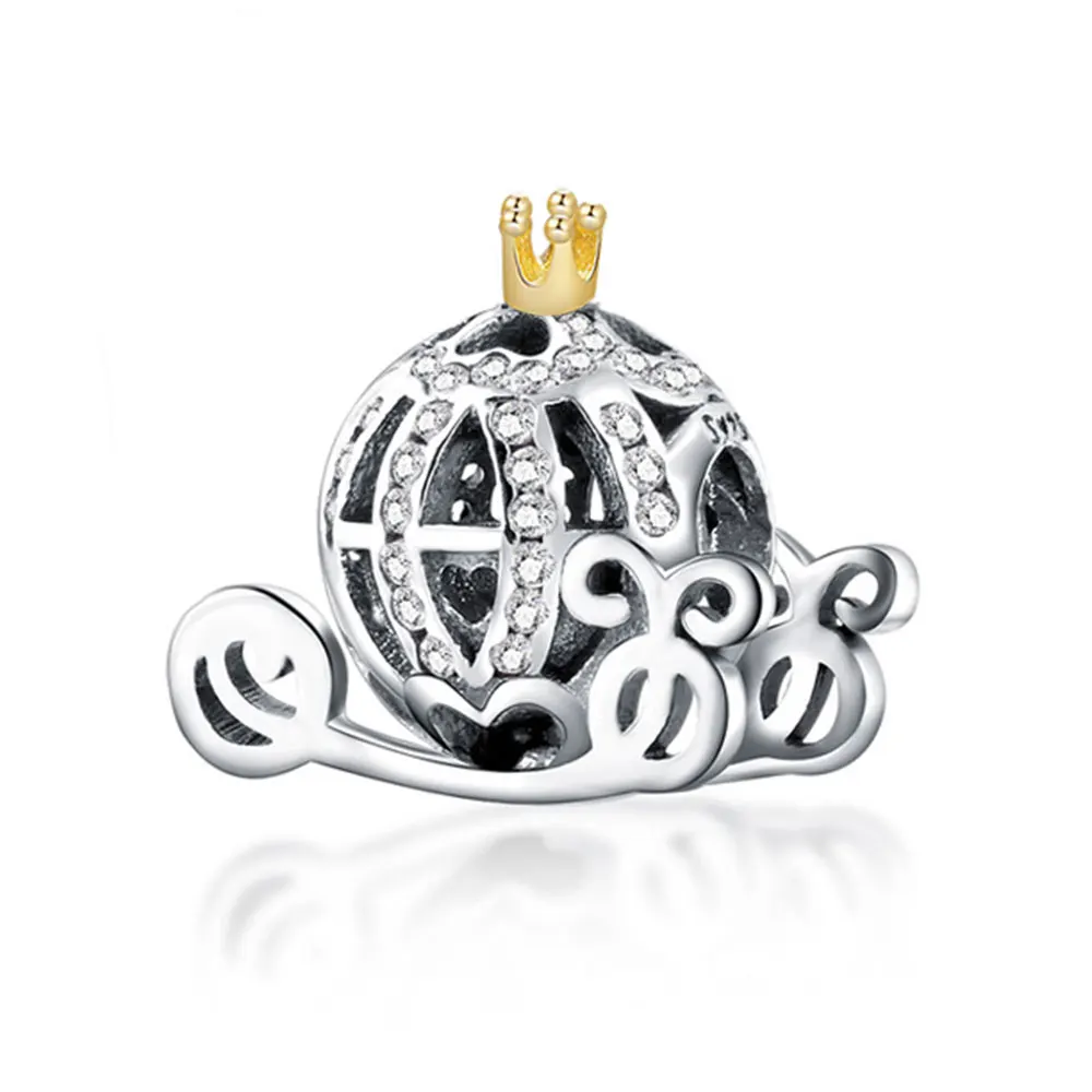 

925 Sterling Silver Beads Cinderella Pumpkin Carriage Charm with gold crown Fit Pandora Charms Bracelet DIY European christmas