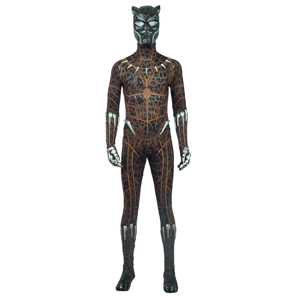 

High Quality Black Panther Cosplay Yellow Leopard Print Jumpsuit Mask 2pcs Set Halloween Cosplay Costmes Outfit Helmet Pre-sale