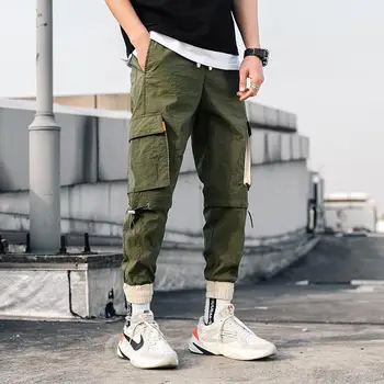 

M-3XL Multi Pockets Elastic Waist Light Weight Cargo Pants Cuffed Ankle Length Summer Drawstring Casual Workout Trousers Man