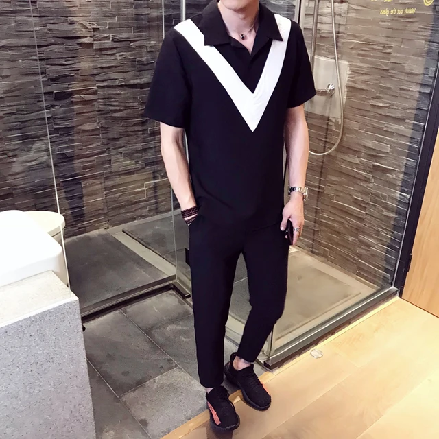 Contrast V Shape Print Men Tracksuit Set Two Piece Heren Kleding White Grey Slim Fit Korean Fashion Set - AliExpress Men's Clothing