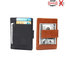 Antitheft Genuine Leather Mini Credit Card Holder Rfid Blocking Case Slim Purse Magnet Money Wallet ID Holders Porte Carte Ba109