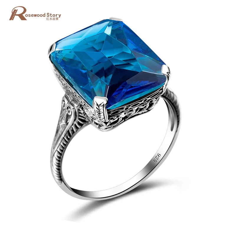 

Vintage Exaggerated Rings For Women Handmade Moonlight Blue Crystal Pure 925 Sterling Silver Female Ring Party Fashion Jewelry