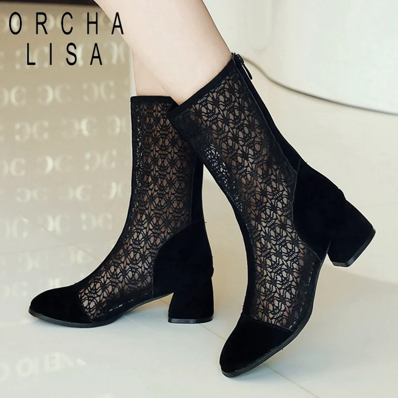 

ORCHA LISA 2019 Spring Summer boots Shoes woman middle heels Round toe Zipper Women boots Mesh Black Comfortable plus size 43