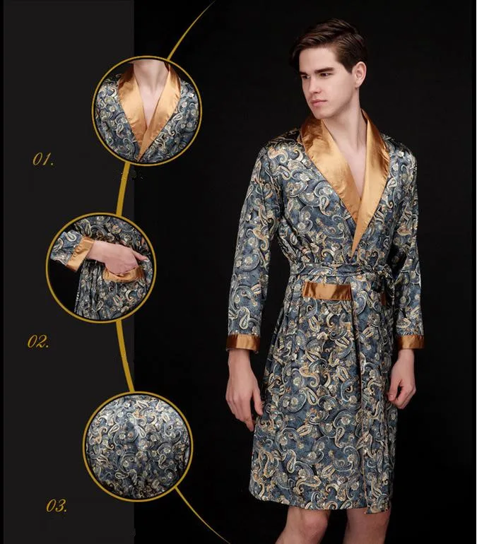 men's pajama sets Mens Summer Paisley Print Silk Robes Male Senior Satin Sleepwear Pajamas Long Kimono Dressing Gown Bathrobe For Man mens tall pajama pants