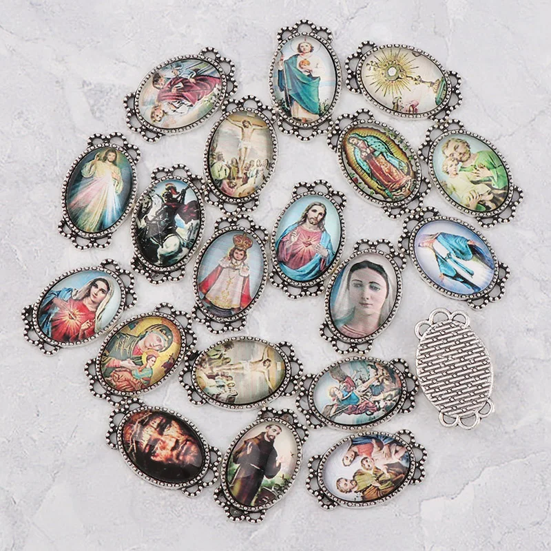 

20pcs 15x26mm Oval Glass Cabochons Religion Silver Zinc Alloy Rosary Charms Pendants DIY Jewelry Saint Rita Rosary Accessories