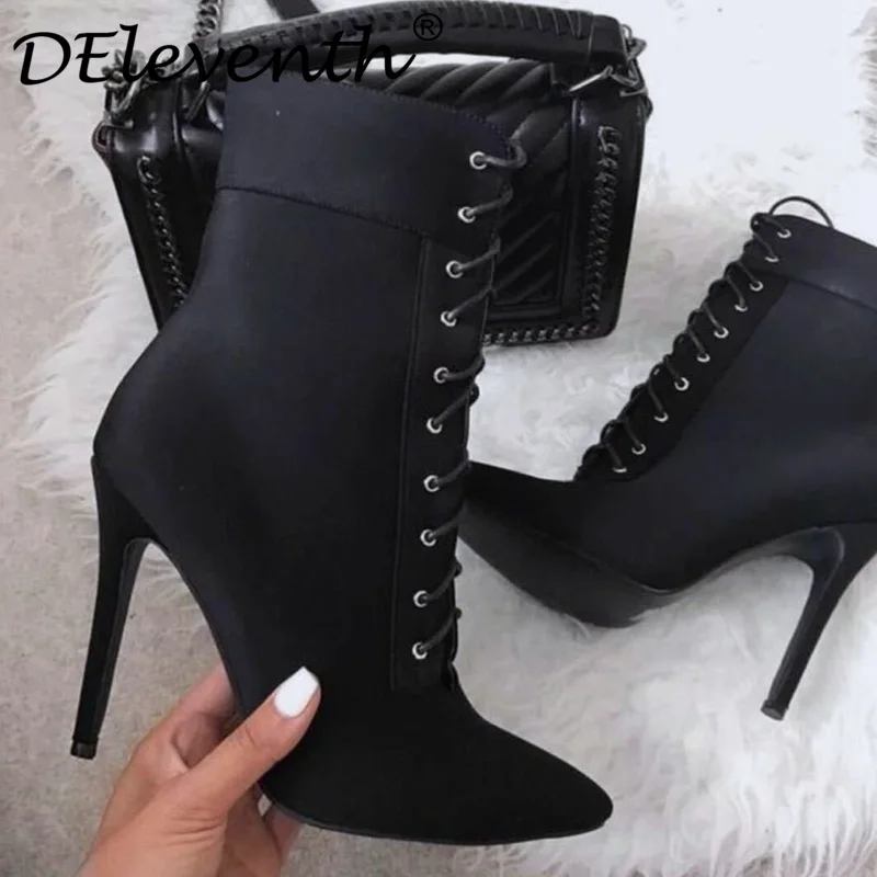 

DEleventh sexy lace up winter ankle boots for women stilettos high heels short boots pointed toe fashion ladies high boots black