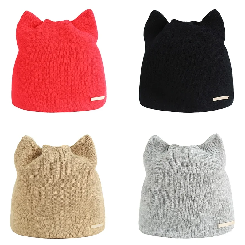 Модные милые корейские однотонные простые теплые зимне наушники шапка для женщин с кошачьими шапочками ушанка шапка женская шапка