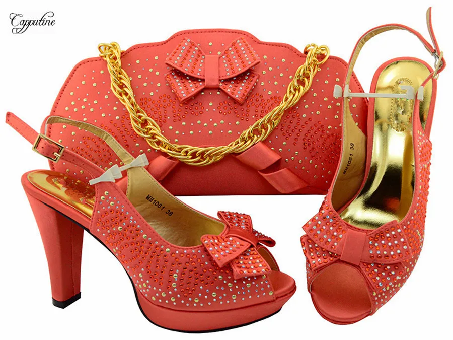 Amazing coral color high heel shoes and handbag set with rhinestones