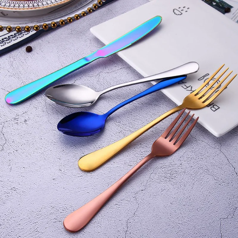 

Hot 5pcs/set High Quality Stainless Steel Rainbow Purple Dinnerware Knife Fork Spoon Cutlery Kitchen Food Tableware Flatware Set