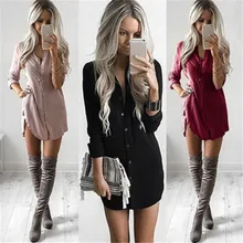 Vestido corto de manga larga con cuello alto para mujer, vestido con botones, cintura alta, Color sólido, abertura en la horquilla, tres colores, tallas S-XL