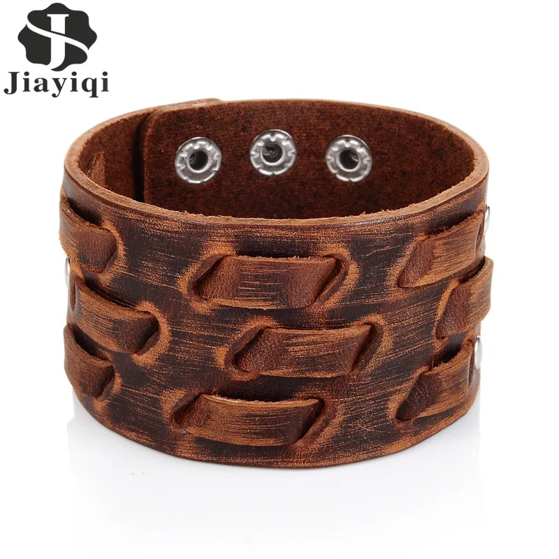 

Jiayiqi Fashion Men Wide Leather Bracelet Brown Wide Cuff Bracelets & Bangles Wristband Vintage Punk Men Jewelry 3 Row Clasps