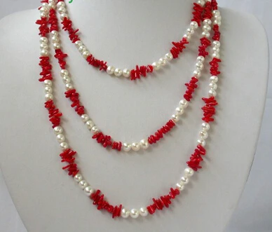 

0002796 classic long 60" 7mm round white freshwater pearls red coral necklace