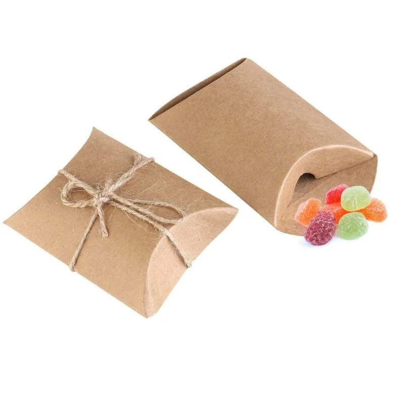 50 шт. подарочная коробка в форме подушки из крафт-бумаги, коробка для конфет с веревкой, для свадьбы, девичника, дня рождения
