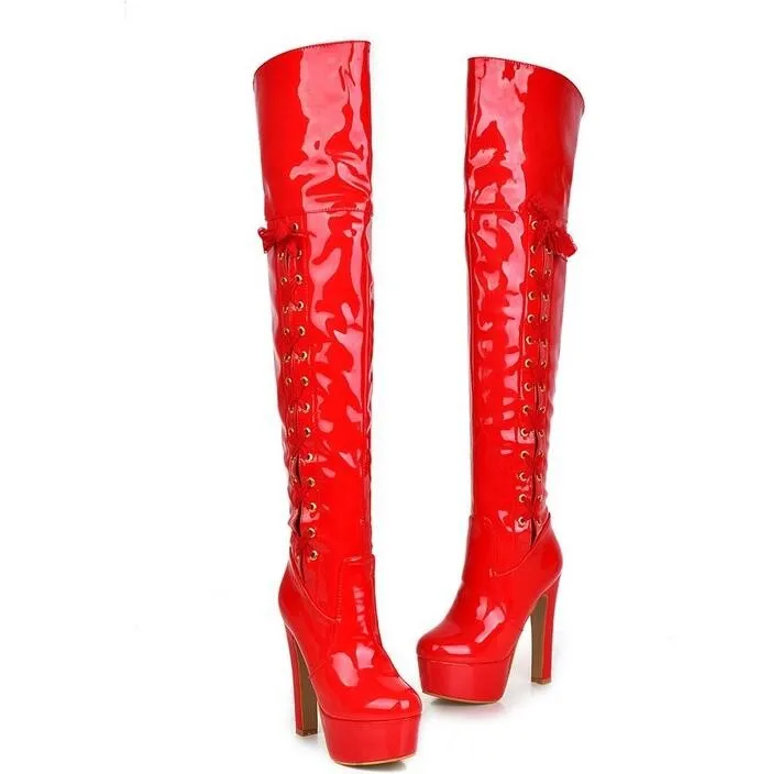 Женские высокие сапоги на каблуке большие размеры до 43 модные сапоги до бедра на высоком каблуке со шнуровкой на платформе сапоги выше колена сексуальные сапоги для эротических танцев