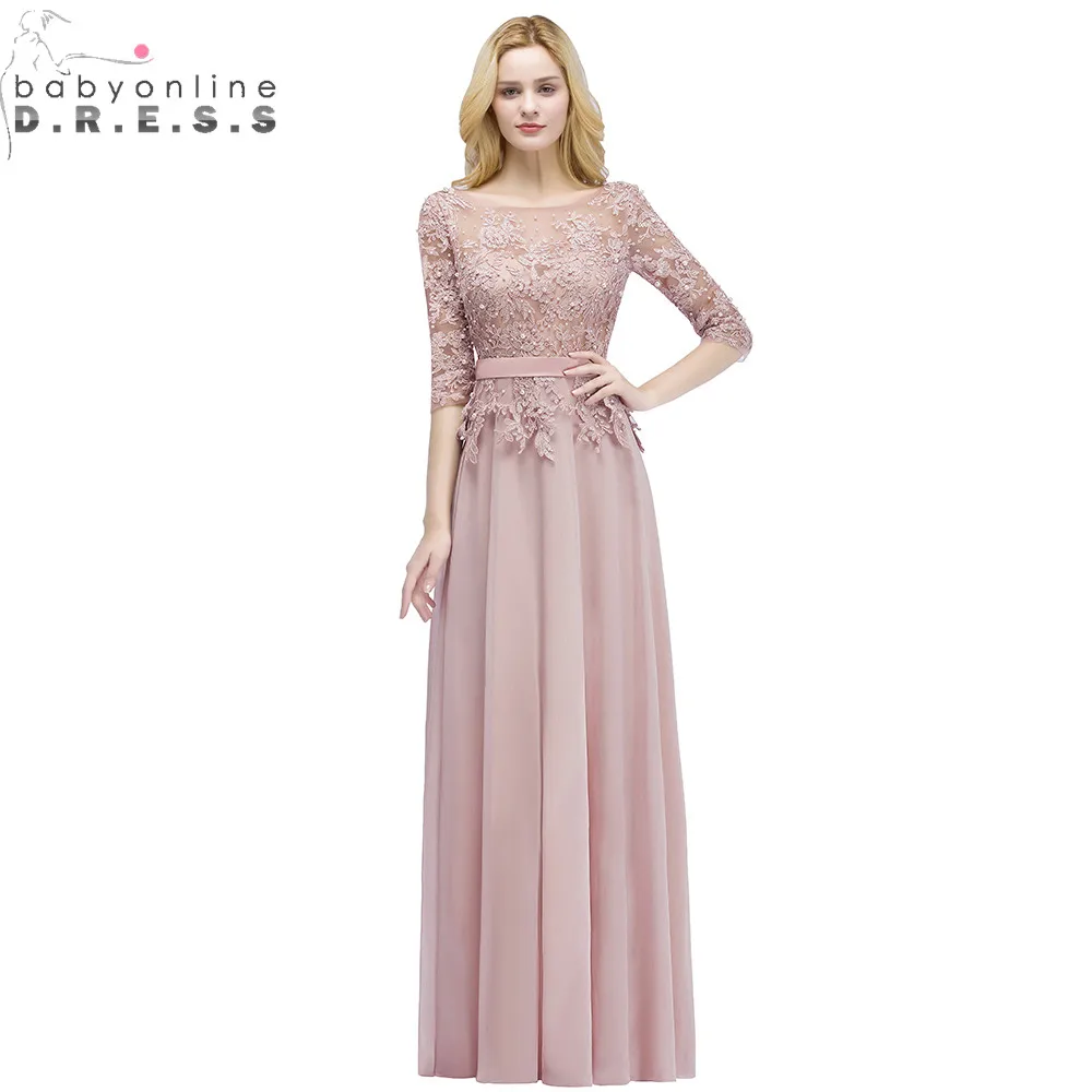 

Robe de Soiree Longue Sexy Backless Pink Lace Half Sleeve Long Evening Dress Chiffon Evening Gowns with Pearls Abendkleid
