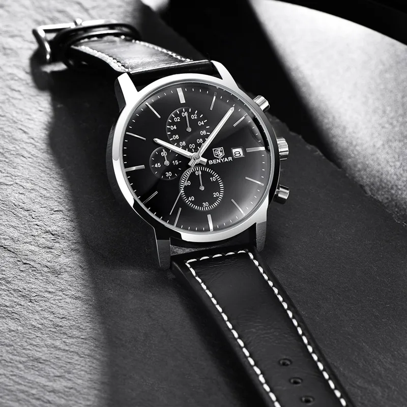 New Benyar Men Watches Casual Fashion Chronograph30M Waterproofsport Watches Men Leather-3