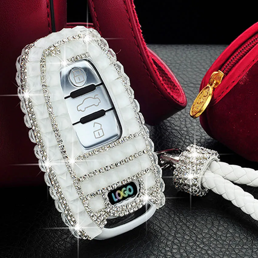 Женский роскошный чехол ручной работы с бриллиантами для Audi B8 B7 B6 A4 A5 A6 A7 A8 Q5 Q7 R8 TT Автоматическая ключевая цепь кольцо - Название цвета: White As Picture