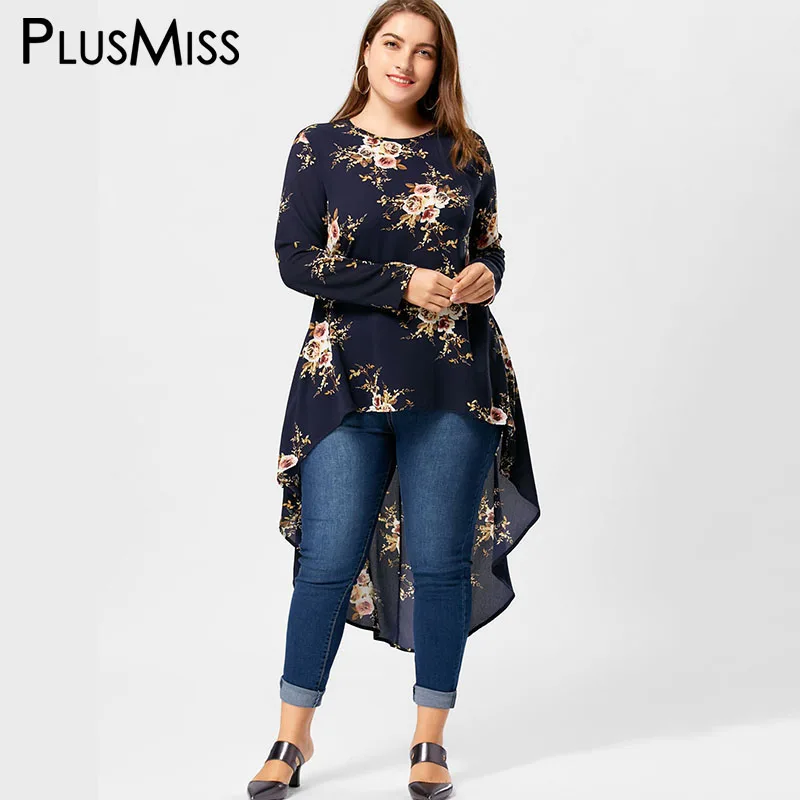 2019 plus size high low floral chiffon blouse