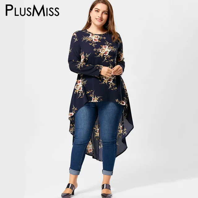 plusmiss plus size 5xl floral print high low hem blouse shirt women hi low shirt plus size