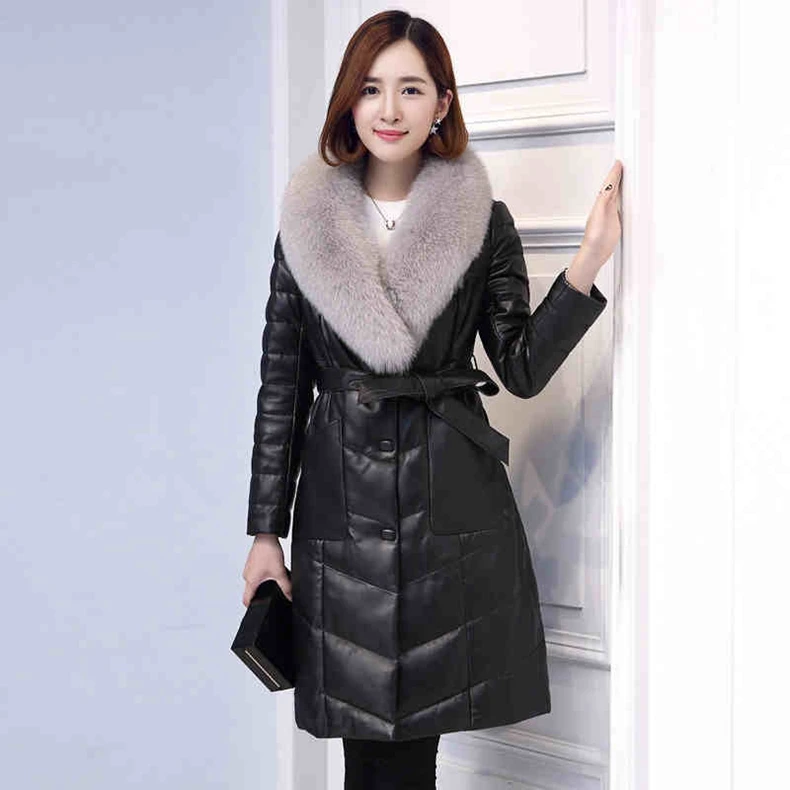 

black color women genuine sheepskin leather coat with fox fur collar duck down female warm long jacket full sleeve real fur coat