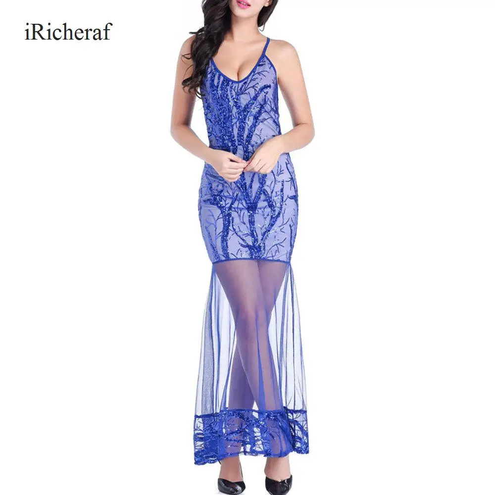 iRicheraf Brand Sequined See through Mesh Spaghetti Strap Ankle length Dress Women Sexy & Club