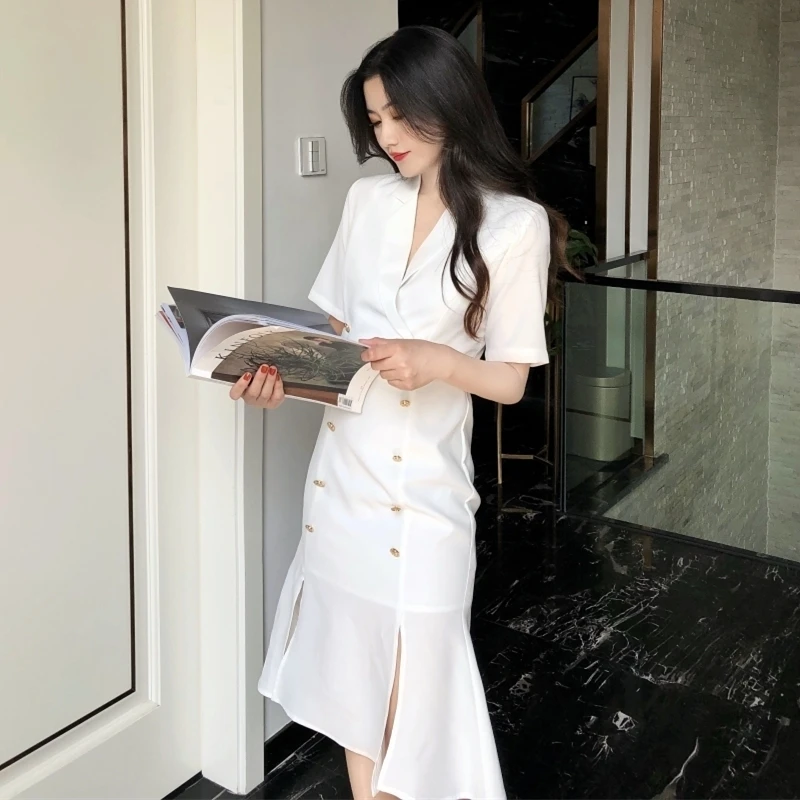 

[EWQ] 2019 summer new korea fashion clothes Notched neck Solid color short sleeve ruffles dresses ladies loose women dresses QJ854