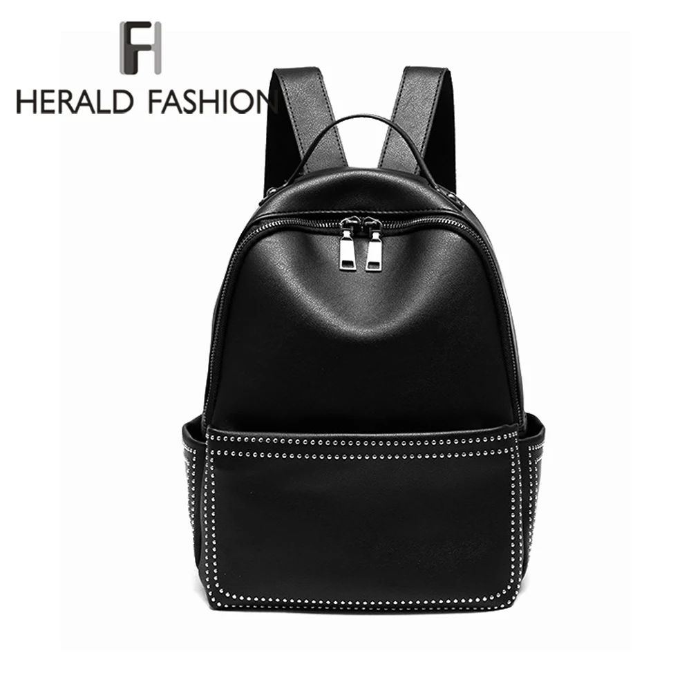 

Herald Fashion Quality Leather Women Backpack Fashion Solid School Bags For Teenager Girls Large Capacity Casual Women Black Bag