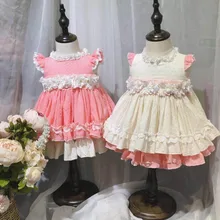 Летние испанский свадебные вечерние платье ручной работы девочек с кружевной аппликацией; одежда с короткими рукавами; платье принцессы из мягкой высокое качество; костюм для девочек; vestidos Y1310