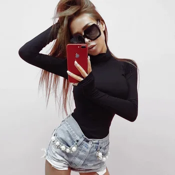 

Jumpsuit Women Bodysuit 2020 Autumn Winter Cotton Long Sleeve High Neck Skinny Black Gray Stretchy Solid Sexy Bodycon Suit