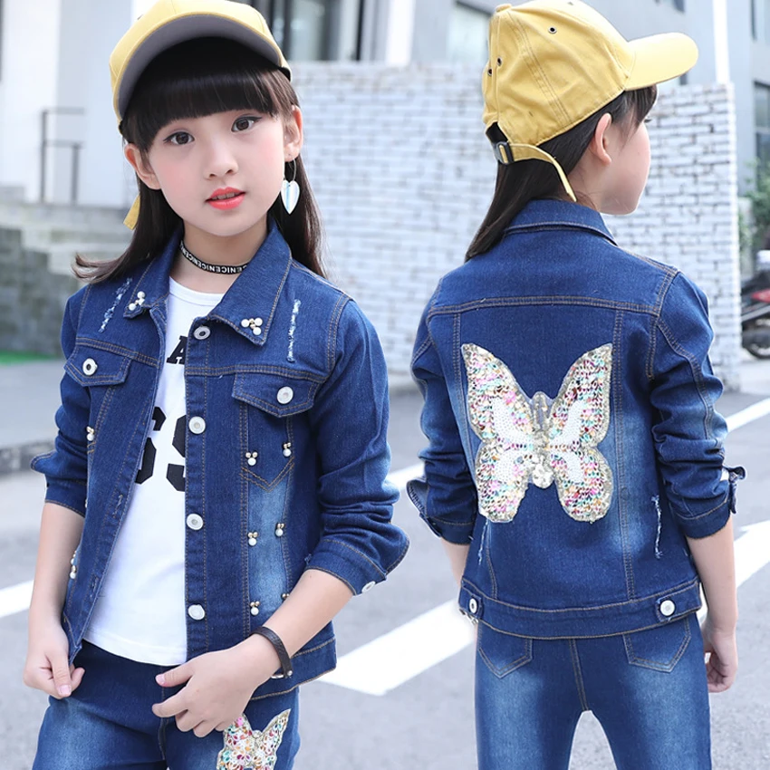 

Benemaker 2019 New Baby Sequin Denim Jackets For Girls Clothes Embroidery Jeans Children Windbreaker 4-14Y Kids Outerwear YJ084
