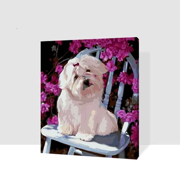 

MaHuaf-A1056 dog on the chair beside garden DIY oil painting by numbers animal digital canvas painting for kids room unique gift