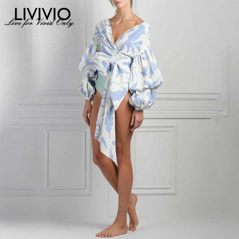  [LIVIVIO] Bow Print Shirt Female V Neck Lantern Sleeve Lace Up High Waist Pullover Shirts Fashion S