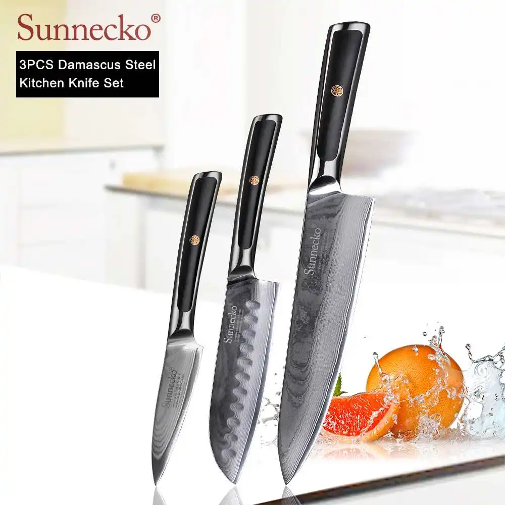 SUNNECKO дамасский нож шеф-повара для очистки хлеба Santoku нож для стейка японский VG10 Сталь G10 ручка для резки мяса набор кухонных ножей - Цвет: 3pcs Set F