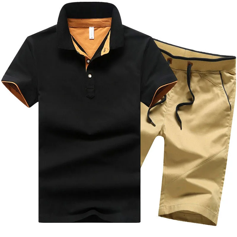 Хлопковые мужские комплекты, летние повседневные рубашки поло на пуговицах, мужские шорты с отложным воротником, 4XL, Мужская одежда, комплект из 2 предметов, спортивный костюм, шорты