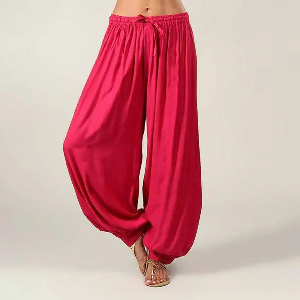 Новые женские модные повседневные брюки в индийском стиле, однотонные Мешковатые Свободные удобные длинные шаровары с высокой талией, брюки, большие размеры