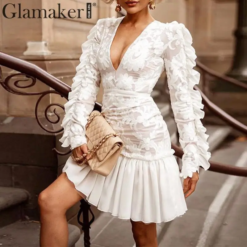 Glamaker Sexy embroidery white ruffle dress Women spring summer v neck elegant mini dress Party club long sleeve bodycon dress