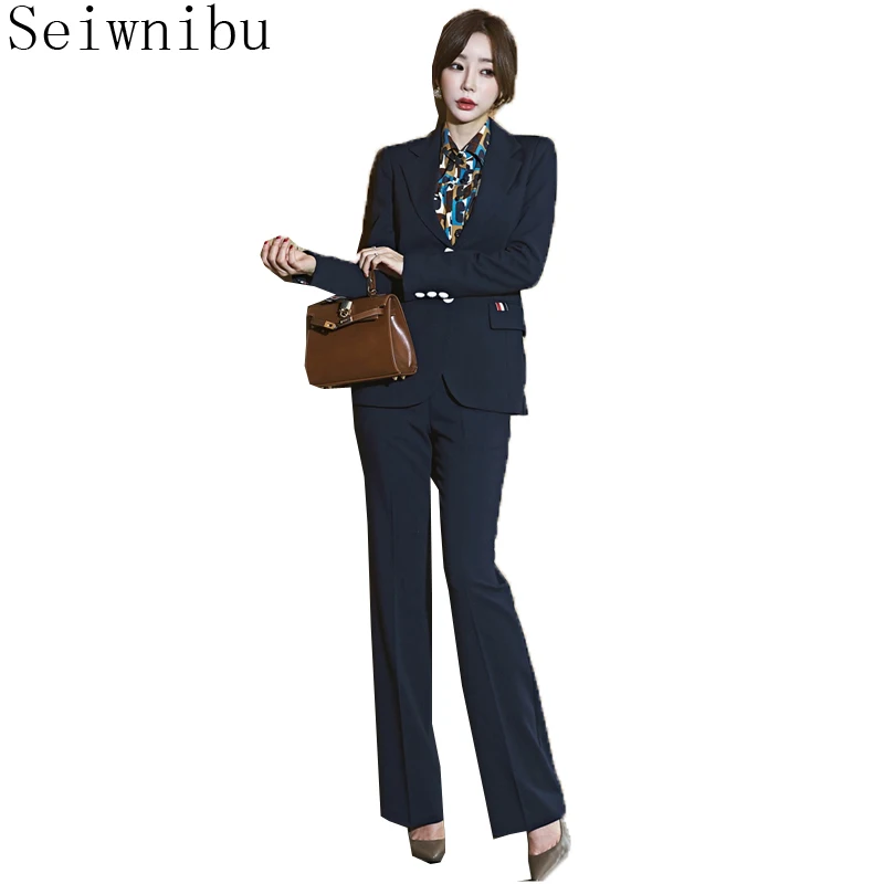 

Business 2 Piece Set OL Suit Pants Set 2018 Autumn Women Navy blue Single-breasted Blazers Coat +Work Full Length Pants