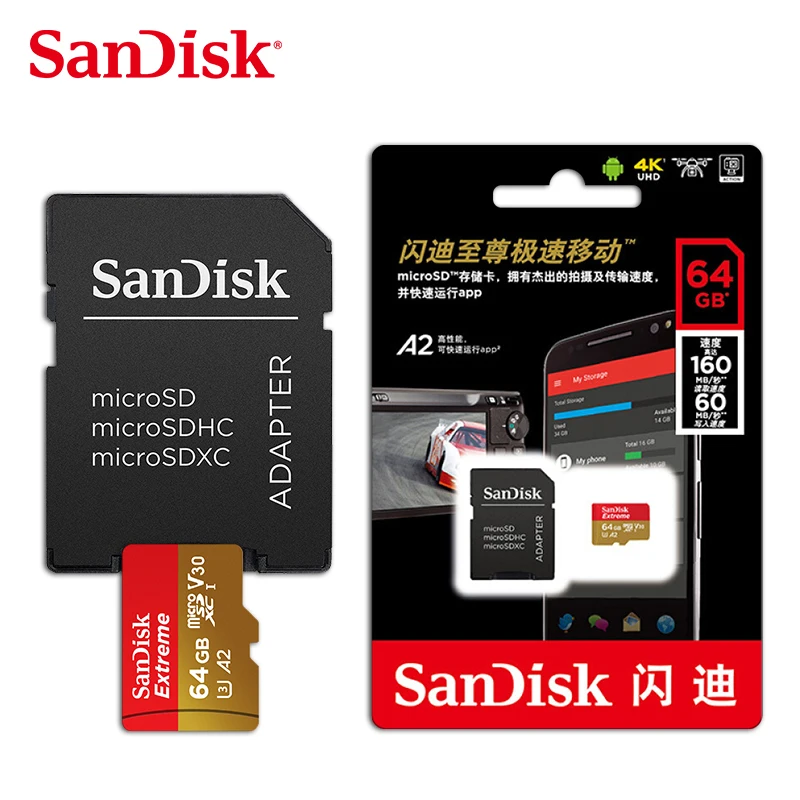 SanDisk Extreme PRO Micro SD карта скорость чтения 170MBs 128 Гб 64 Гб U3 V30 A2 карта памяти SDXC флэш-карта TF карта 4K UHD microsd