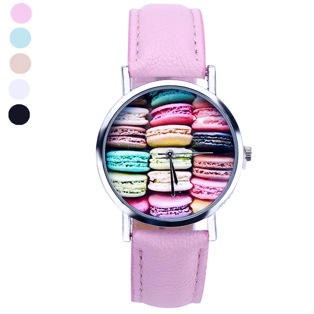

Best selling Women Faux Leather Analog Simple Clock Macaron pattern Dial Wrist Watch Clock ladies Dress Cartoon Wristwatch 40Q