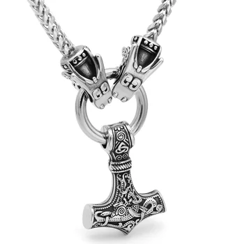 

Men stainless steel viking oidn wolf head with thor hammer MJOLNIR pendant necklace -Dragon Chain