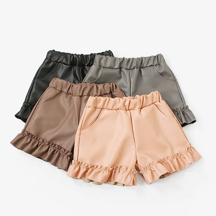 Детские шорты с оборками из искусственной кожи для девочек 3-10 лет, серый, розовый, черный, коричневый,# LHA04