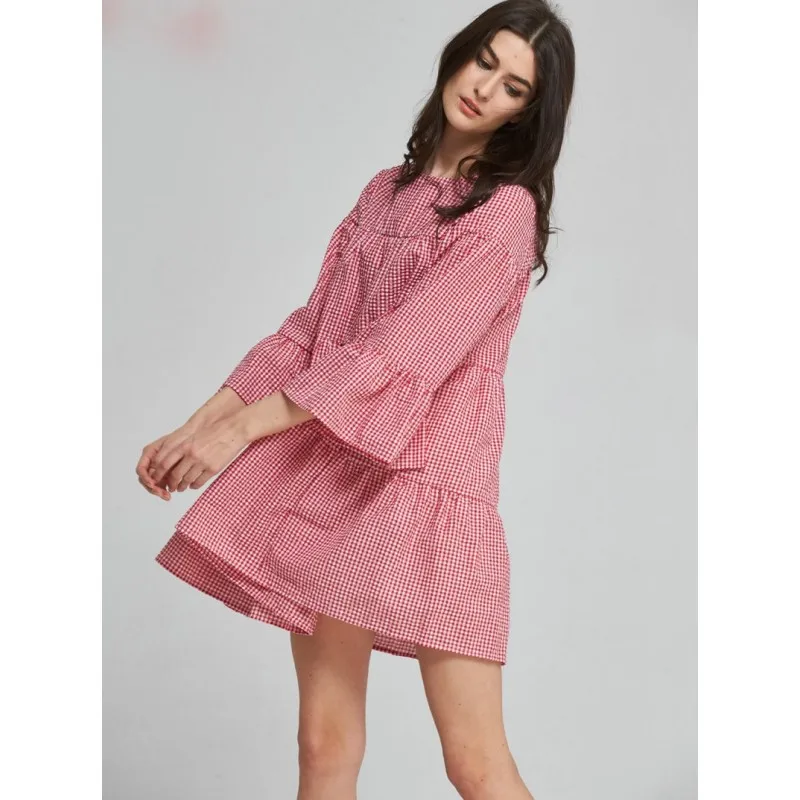 

Fashion New Dress 2019 Summer Round Neck Horn Style Three Quarter A-Line Mini Dresses Loose Casual Plaid Vintage Female Vestido