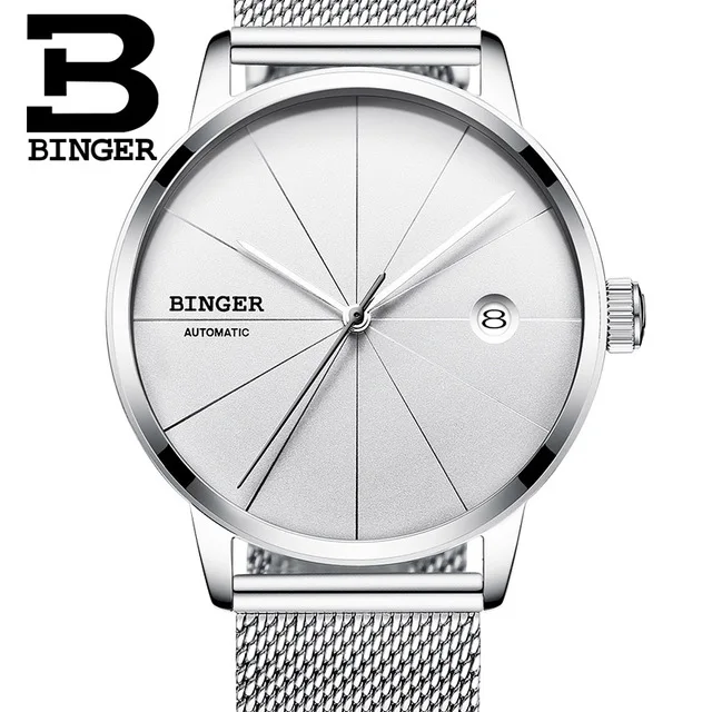 Switzerland BINGER мужские часы Топ люксовый бренд Япония Seiko автоматическое механическое движение часы досуг бизнес синий horloges - Цвет: Mesh belt White